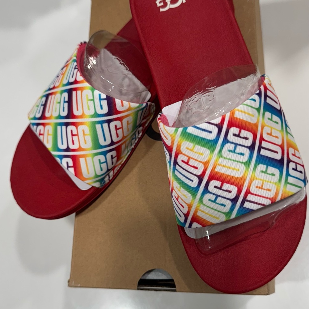 UGG Kids Red Slide Sandals with Rainbow Strap
